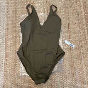 Everlane One Piece V-Neck Olive Green Swimsuit